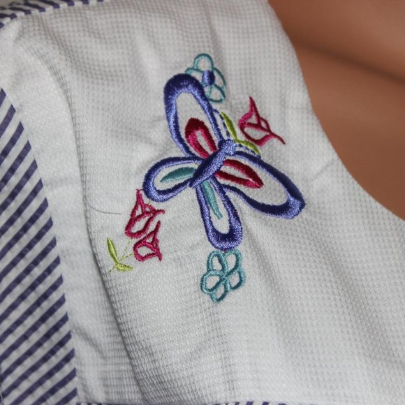 WOMENS EASY ESSENTIALS PERIWINKLE WHITE PINSTRIPE SNAPS HOUSECOAT DUSTER 1X & 2X - Picture 4 of 5